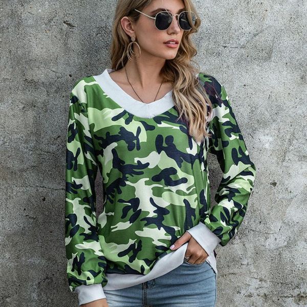 women's t-shirt camouflage long sleeve woman v neck loose tee 2021 autumn women t shirts female casual, White